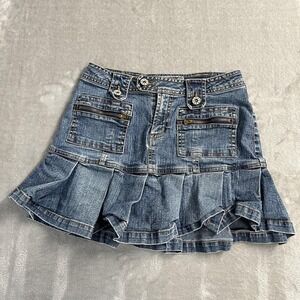 Rave Skirt Juniors 1 Blue Denim Low Rise Ruffle Micro Mini Zip Cargo Pockets Y2K